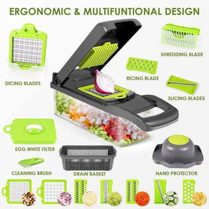 Versatile 9-in-1 Vegetable Slicing and Dicing Kit with Drain Basket and Interchangeable Blades