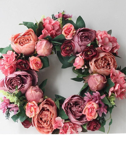 Elegant Peony Silk Flower Wreath with Rattan Accents - Perfect for Home Decor
