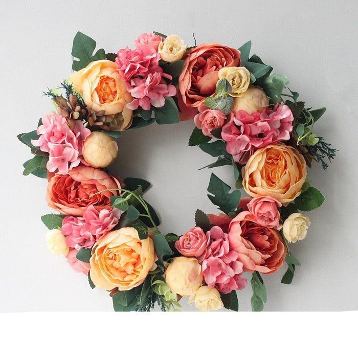 Enchanting Peony Silk Flower Wreath with Rattan Accent
