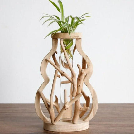 Handcrafted Rustic Wooden Vase with Elegant Floral Accents - Nature-Inspired Decor