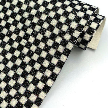 Glittering Black and White Plaid Faux Leather Crafting Fabric