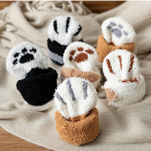 Cute Kawaii Cartoon Women's White Socks - Adorable Funny Dog Cat Paw Pattern - Cozy Fleece Warm Socks