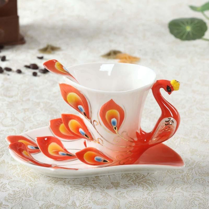 Peacock 3D Ceramic Tea Cup Set with Saucer Spoon - Elegant 200ml Drinkware Experience