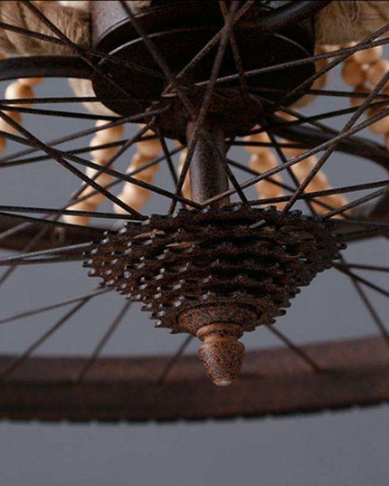 Vintage Bicycle Wheel 6-Light Chandelier with Wood Beads and Twine Accents
