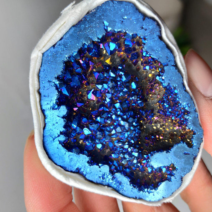 Mystical Angel Aura Agate Geode Crystal with Titanium Coating and Elegant Crystal Aperture