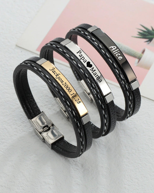 Customizable Premium Leather Name Engraved Bracelet - Elegant Wristband