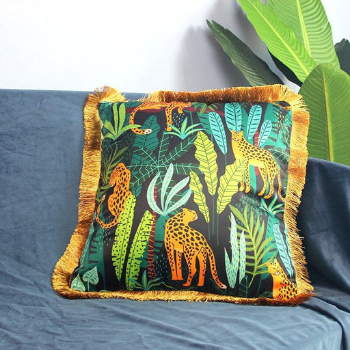 Exotic Jungle Botanical Cushion Covers with Golden Tassels & Wild Animal Prints