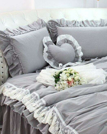 Luxury Grey Lace Ruffle Pillow Sham and Duvet Cover Set with 4-Piece Ensemble
