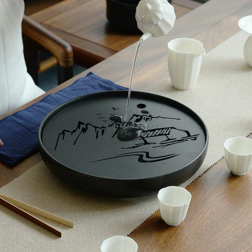 Ceramic Metal Tea tray Drainage Water storage Kung Fu Tea set room Board table Black/White Chinese tea cup ceremony tools ZM223-0-Très Elite-A-20cm-Très Elite
