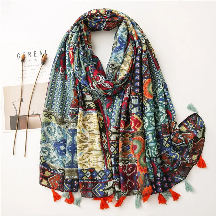 Cashmere Blend Blue Printed Shawl Wrap Scarves - Elegant Fashion for Casual Occasions