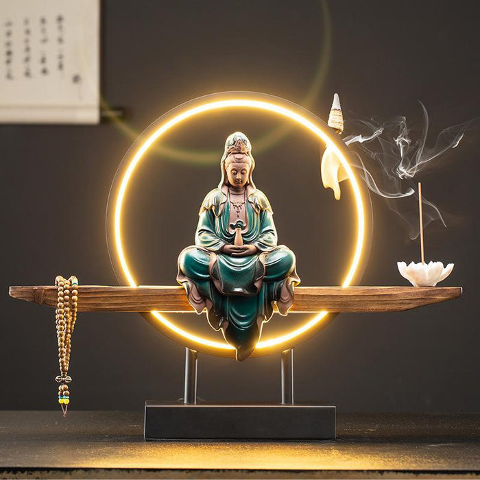 Zen Guanyin Bodhisattva Ceramic Backflow Incense Burner Set with LED Lighting and 20 Cone Pack - Create a Tranquil Atmosphere