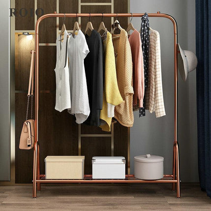 Elegant Rose-Gold Single-Pole Garment Stand and Storage Solution