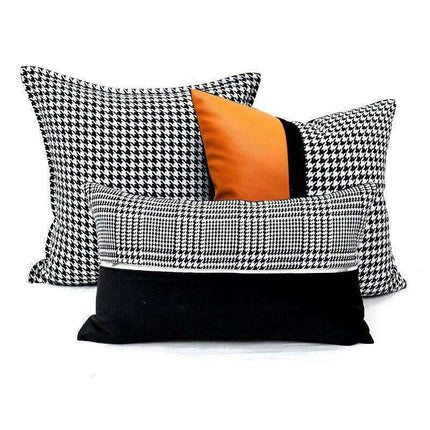 Elegant Black & White Grid Cushion Cover with Vibrant Orange Accent