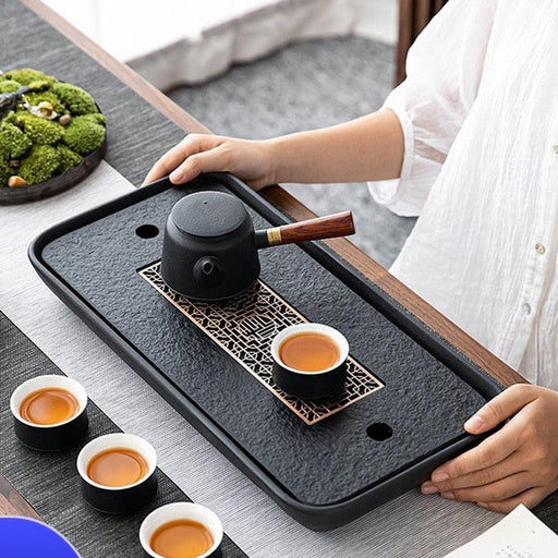 Tea tray heavy black stone tea table water draining pipe outlet Chinese stone tea plate serving tray small for pot cup ZM223-0-Très Elite-A-Très Elite