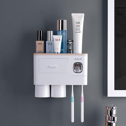 Wall-Mounted Toothbrush Holder with Toothpaste Squeezer and Storage Rack - Très Elite