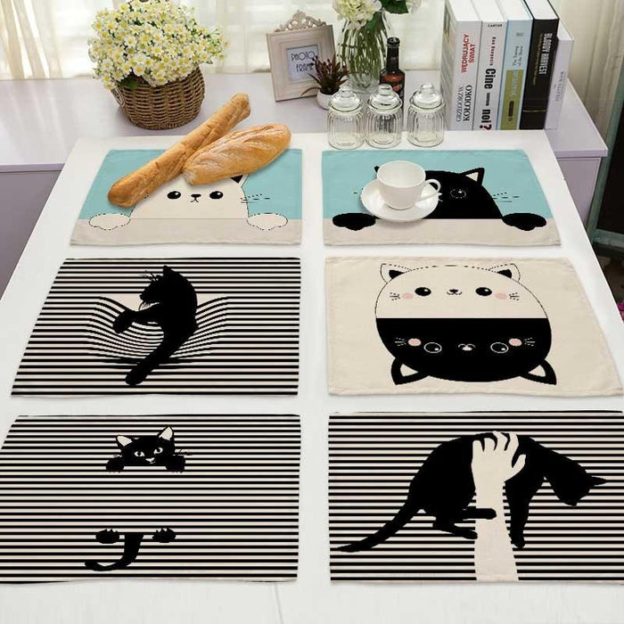 Black Cat Design Cotton Linen Placemats - Stylish Table Protection