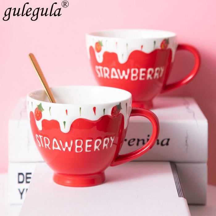 Strawberry Ceramic Mug Set with Lid and Spoon for Elegant Beverage Enjoyment