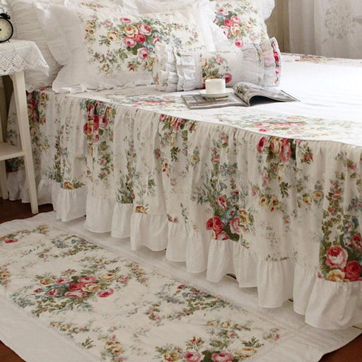 Rustic Princess Haven Floral Satin Cotton Bedspread with Elegant Ruffle Detail