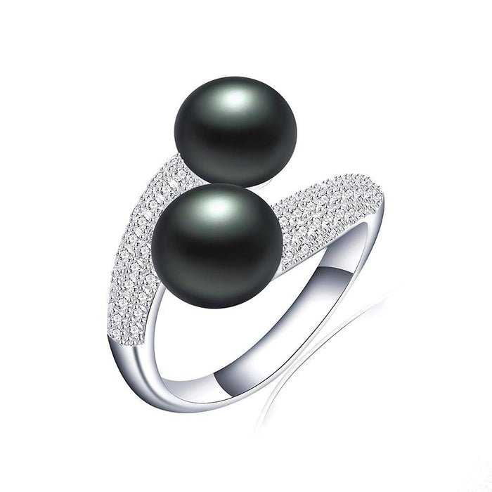 Elegant Double Pearl and Zircon Sterling Silver Ring - Luxurious Elegance