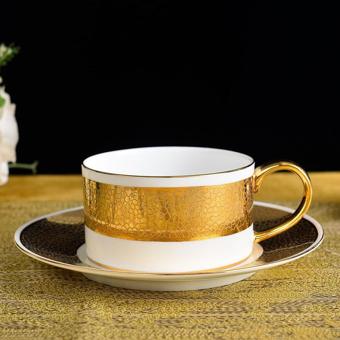 Elegant Gold Relief Bone China Coffee Mug and Saucer Set