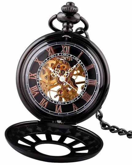 Vintage Black Skeleton Pocket Watch Necklace in Steampunk Style