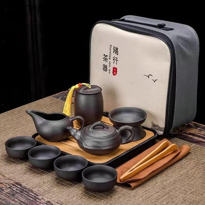 Retro Zen Sand Ceramic Tea Set: Portable Traveler's Kong Fu Kit for Authentic Porcelain Experience