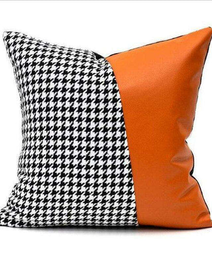 Elegant Black & White Grid Cushion Cover with Vibrant Orange Accent