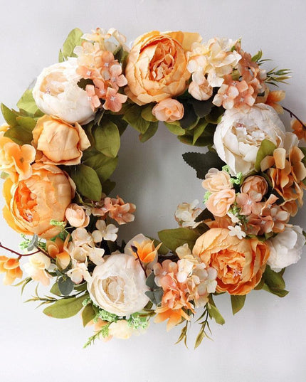 Elegant Peony Silk Flower Wreath with Rattan Accents - Perfect for Home Decor