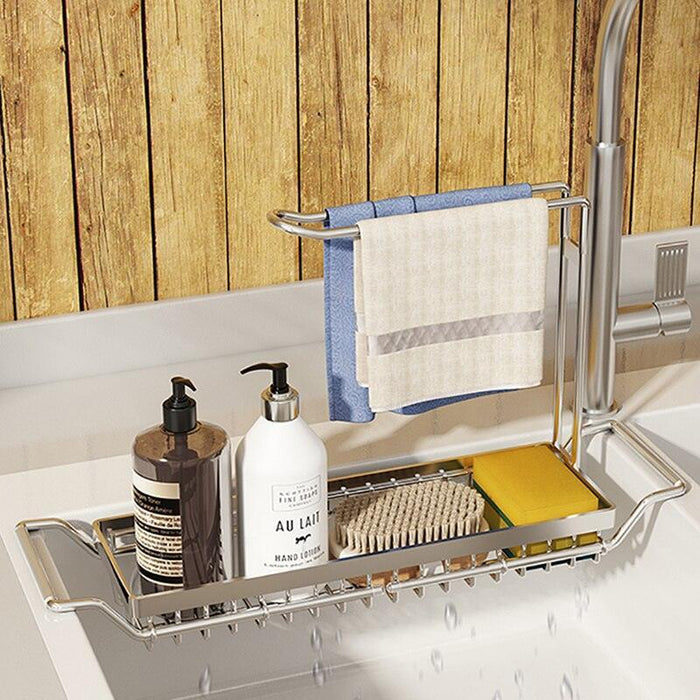 Adjustable Stainless Steel Sink Rack with Integrated Towel Holder - Perfect for Kitchen and Bathroom Organization