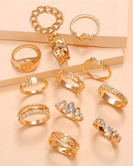 Charming 12-Piece Bohemian Gold Crystal Ring Set - Elegant Jewelry Collection for Women