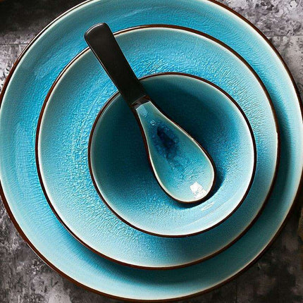 Stunning Blue Ice Cracking Glaze Ceramic Dinnerware - Set of 4 Plates