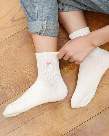 Kawaii Flamingo Delight: Adorable Japanese Embroidered Cotton Socks for Women
