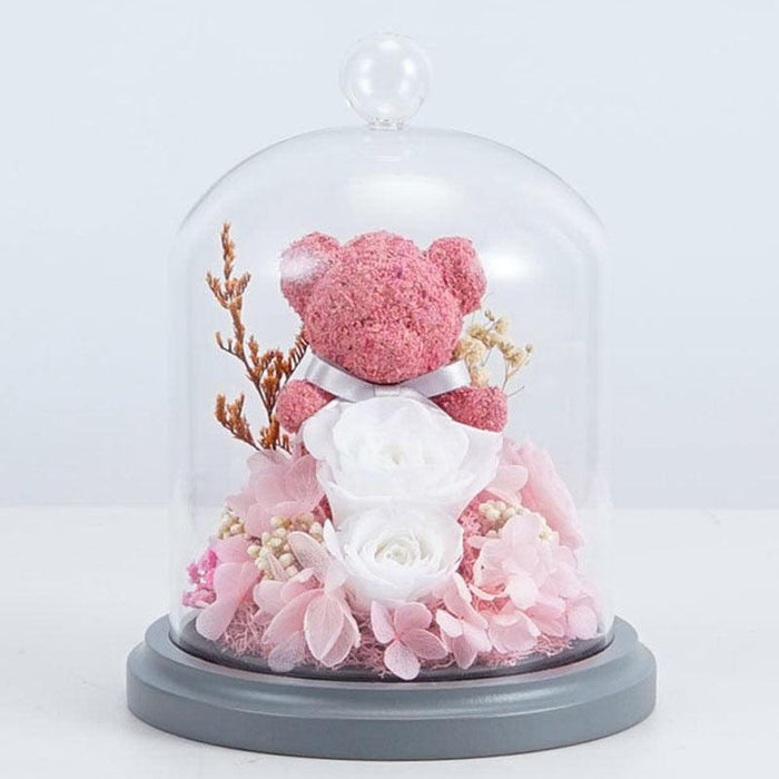 Eternal Pink Rose Bear: Enchanted Glass Dome Floral Arrangement