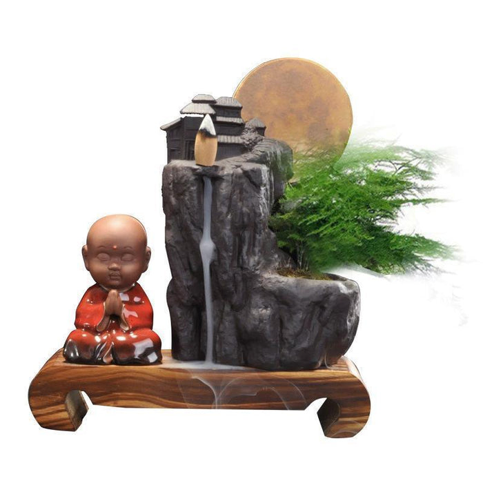 Ceramic Smoke Waterfall Incense Burner with LED Light and Pine Decor Accent