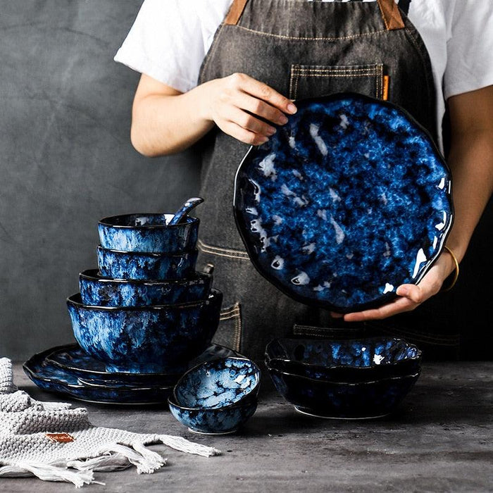 Blue Ceramic Tableware Set with Elegant Irregular Design - Complete Set for Dining Ambience