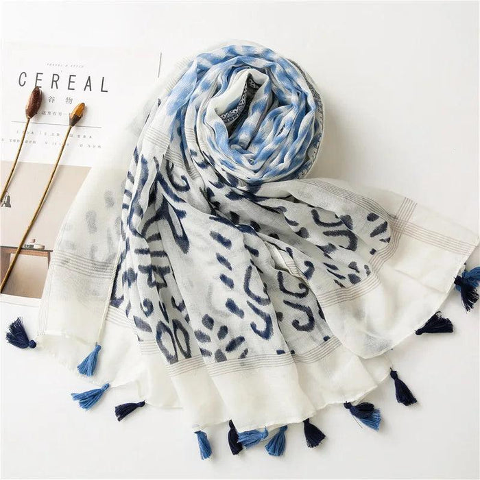 Blue Porcelain Print Cashmere Blend Shawl Wrap - Stylish Versatility for Every Event