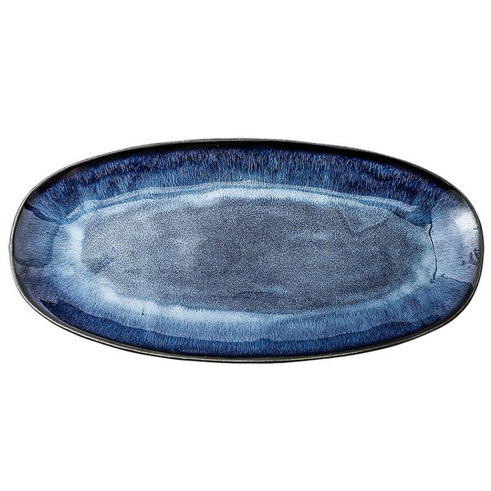 Japanese Kiln Glazed Blue Long Plate - Perfect for Steamed Fish & Sushi