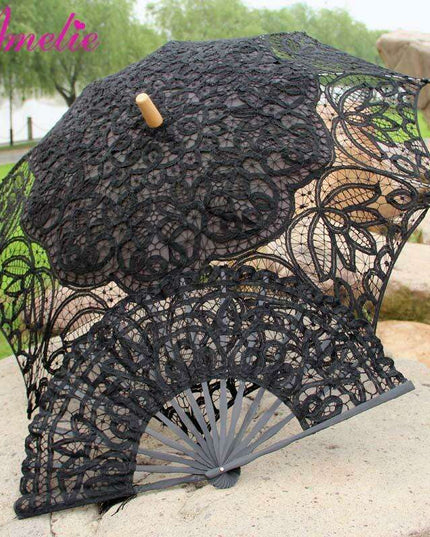 Victorian Elegance Lace Parasol and Fan Ensemble: Handcrafted Timeless Beauty