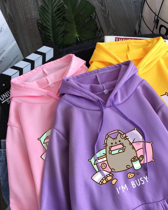 Charming Cat-Themed Fleece Pullover Hoodie for Cozy Spring and Autumn Days