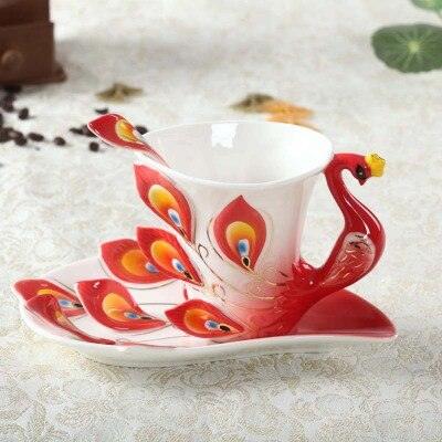 Peacock 3D Ceramic Tea Cups Set with Saucer Spoon - 200ml Capacity