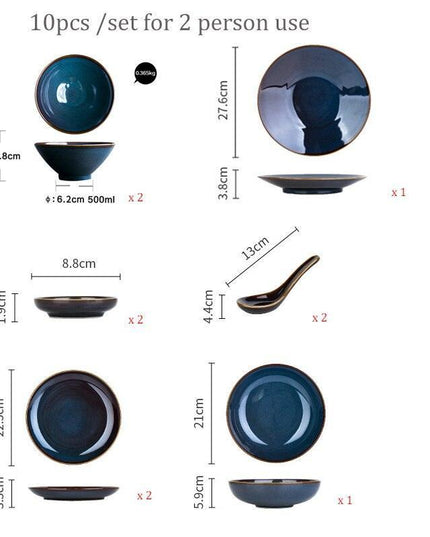 Sophisticated Blue Glazed Ceramic Dining Collection with Complementary Salad and Soup Bowls