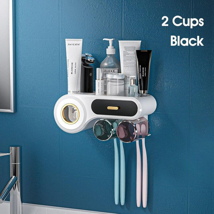 Automatic Toothpaste Squeezer Dispenser with Multi-Compartment Storage Shelf for Bathroom Organization