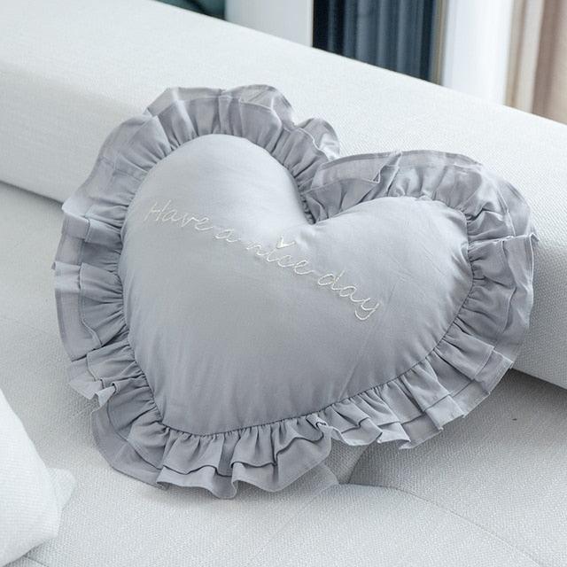 Heartfelt Love Embroidered Ruffle Cushion - Elegant Cotton Accent Pillow for Home