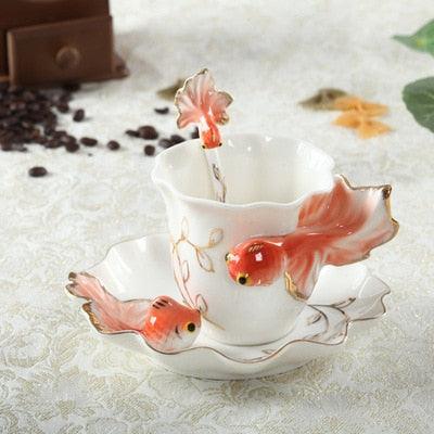 Lucky Goldfish 3D Ceramic Coffee Cups Set with Saucer and Spoon