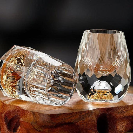 Extravagant Pair of Crystal Shot Glasses Adorned with 24k Gold Foil Elements