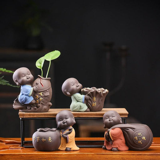 Tranquil Zen Tea Set Decor Set with Serene Buddha Statue, Monk Figurine, and Mini Flower Planter