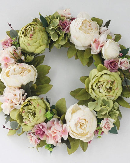 Elegant Peony Silk Flower Wreath with Rattan Accents - Perfect for Home Decor
