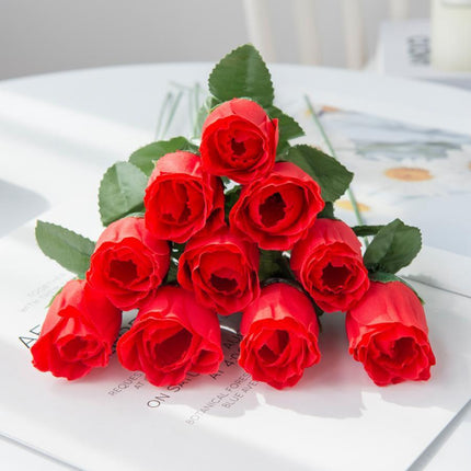 Elegant Crimson Silk Rose Collection - Pack of 10 Artificial Flowers for Home and Event Decor