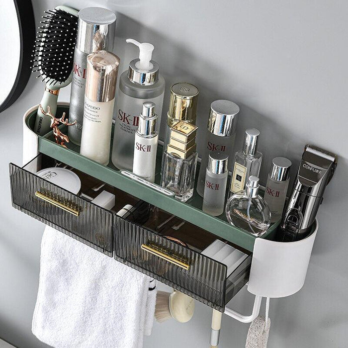 Gray/Green Wall-Mounted Storage Rack with Drawers, Hooks, and Aromatherapy Slot - Efficient Space Organization