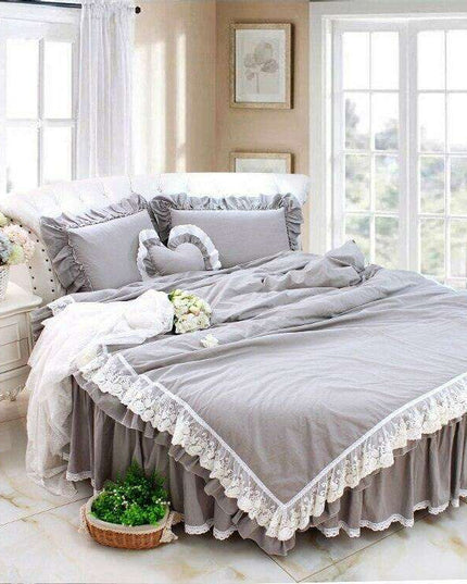 Luxury Grey Lace Ruffle Pillow Sham and Duvet Cover Set with 4-Piece Ensemble